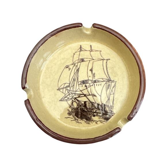 Vintage Mid Century Tan Brigantine Ships Ashtray Set of 2 - Picture 2 of 10